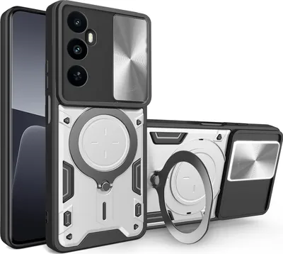 Produktbild von Handyhülle für Realme C65 4G Dual-Layer Stoßfest Rüstung Hülle mit Dia Kameraschutz und Kreisförmig Ring Ständer Silber