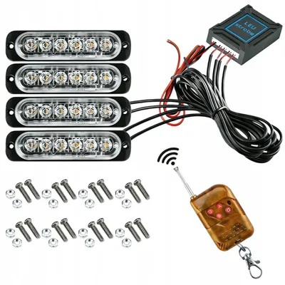 Zdjęcie produktu dla Zestaw 4 pomarańczowych świateł ostrzegawczych LED - 12–24 V - sterowanie zdalne - 12 trybów migania - wodoszczelność IP67 - do samochodów ciężarowych, samochodów osobowych i pojazdów budowlanych
