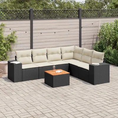 Produktbild von Design 7-tlg. Garten-Sofagarnitur mit Kissen Schwarz Poly Rattan, Gartenmöbel-Sets 2024 Neu