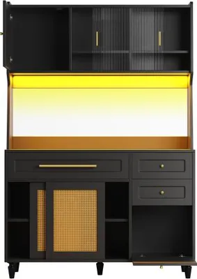 Produktbild von Kuechenschrank Schwarz Hochschrank 120x45x195,5cm Schubladen Schrank Vitrinenschrank 3 Schubladen Verstellbaren Ablagen Sideboard LED-Beleuchtung