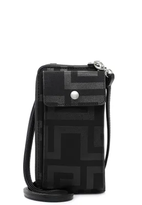 A black crossbody bag with a geometric pattern is shown against a white background.
