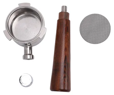 Image de Porte-filtre universel de 51 mm, à trois oreilles, sans fond, avec panier filtrant en acier inoxydable amovible pour 2 tasses, et poignée en bois