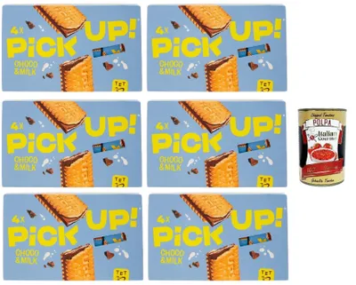 Produktbild von Pick Up Choco & Milk, Milchschokoladentafel im Doppelkeks, 6x 112g Packung, Jede Packung enthält 4 Kekse à 28g + Italian Gourmet Polpa di Pomodoro 400g Dose