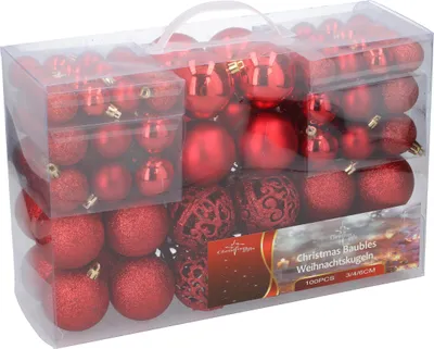 Zdjęcie produktu dla Zestaw bombek świątecznych czerwony 100 plastikowych bombek świątecznych - do użytku wewnątrz i na zewnątrz - matowe, błyszczące, brokatowe, ażurowe - Ø 3/4/6 cm