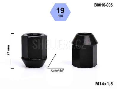 Obrázok produktu pre Matica kolesa M14x1,5 s otvoreným kužeľom, ľahká, kľúč 19, B0010-005, čierna, výška 27