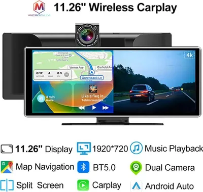 Produktbild von Universelles Auto-Display - Kabelloses CarPlay/Android Auto - 28,6 cm Touch 1920×720 - 4K DVR mit Dual-Kamera - BT 5.0 & FM-Transmitter - microSD bis 128 GB - Schwarz