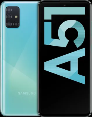 A Samsung Galaxy A51 smartphone is shown, with the back and front displayed. The front shows large, stylized text on a black background.