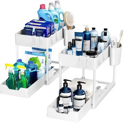 Productafbeelding van Uniqoos® multifunctioneel onderkastrek van roestvrij staal, 2 niveaus, 40 x 17,2 x 33,5 cm – Uitschuifbare lade, afvoerkorf en 4 haken, geschikt voor keuken en badkamer