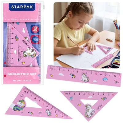 Produktbild von Einhorn-GEOMETRIE-SET, Schulbedarf für Mädchen mit Lineal und 2 Geodreiecken