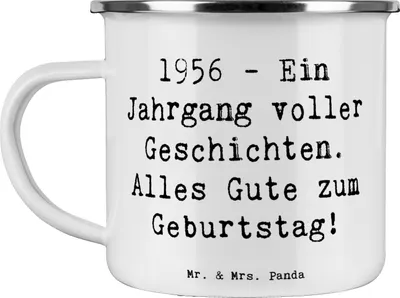 Produktbild von Mr. & Mrs. Panda Teetasse Spruch 1956 Geburtstag - Weiß - Geschenk, Geburtsjahr, Meilenstein, Glückwunsch, Alter, Teebecher, Emaille Tasse, Kaffeepott, Haferl, Pott