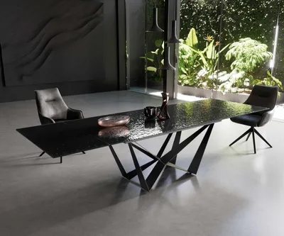 Produktbild von DELIFE Esstisch Edge 200-300x100 Reliefglas Rauchschwarz 3D-Design Spider Flachstahl Schwarz ausziehbar