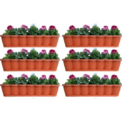 Produktbild von 6er Set 80cm Blumenkasten Balkonkasten Pflanzkasten Terracotta im Wellendesign inkl. passenden Bewässerungsuntersetzer