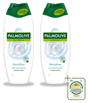 Imagen del producto de 2 unidades de gel de ducha Palmolive Naturals para piel sensible, 500 ml cada uno, pack ahorro