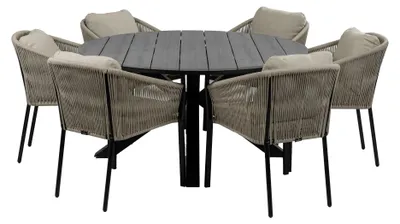 Produktbild von 7-teiliges rundes Gartenset | 6 Gartenstühle Elvira (Schwarz) | Gartentisch Limasol ø150cm (Grau)