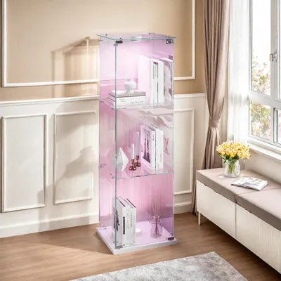 Produktbild von UnboxG Glasvitrine mit LED-Beleuchtung, 3 Ebenen, 1 Tür, Weiß, schmale Vitrine Standvitrine Display-Schrank Aufbewahrungsschrank 39,8x35x123,3 cm