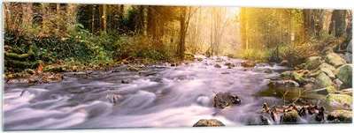 Produktbild von Bilder auf glas - Herbst Wald Berg Fluss - 160x50cm - Glasbilder - Wandbilder - Kunstdruck - zum Aufhängen bereit - Wanddekoration aus Glas - Glas Bilder - Wandbild auf Glas - GAB160x50-0504