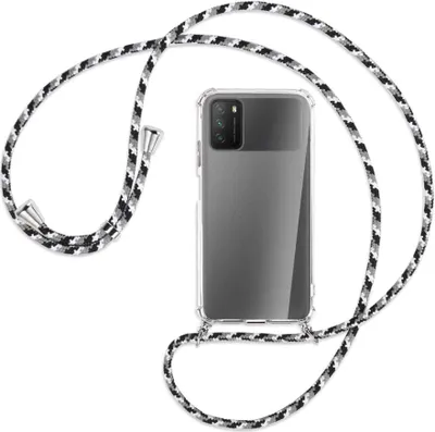 Produktbild von Handykette Backcover-Schutzhülle mit Band (Metall silberfarben) für Xiaomi Poco M3 - schwarz/grau/weiß