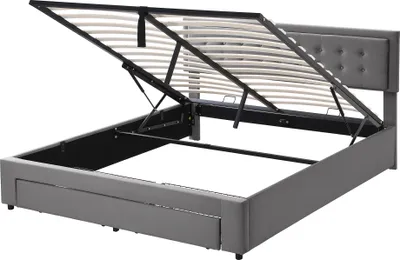 Produktbild von Flieks Polsterbett 180x200cm, Doppelbett mit Schublade, Hydraulisches Boxspringbett mit Lattenrost, Stauraumbett Massivholzbett Samt, Grau