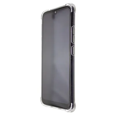A side view of a smartphone in a clear protective case.
