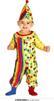 A baby wearing a clown costume.