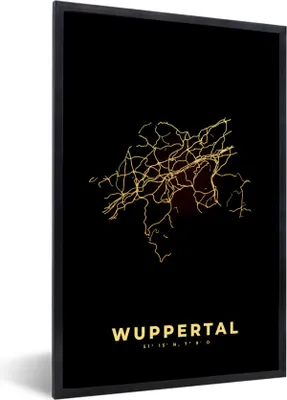 Produktbild von MuchoWow® Gerahmtes Poster Karte - Wuppertal - Gold - Stadtplan 20x30 cm - Poster mit Schwarzem Bilderrahmen Wandposter Rahmen Foto Bilder - Drucken - Bilder Poster im Rahmen