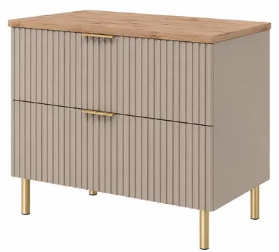 Immagine prodotto di Mobile bagno a pavimento, altezza 80 cm, ante a listelli di 16 mm, impiallacciatura in legno di quercia chiaro, maniglie disponibili in due colori, dimensioni 80 x 46 x 73,6 cm, Immagine generata dall'IA