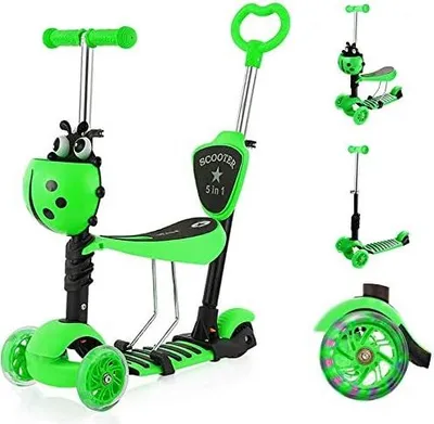 Produktbild von Yoleo 5-in-1 Kinder Roller Scooter mit abnehmbarer Karikaturkorb Sitz Schubstange LED große Räder bequeme Rückenlehne Höheverstellbare Lenker für Kleinkinder Jungen Mädchen ab 2 Jahre (Grün)