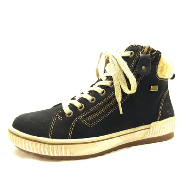 A single black high-top sneaker with beige laces and trim, set against a white background.