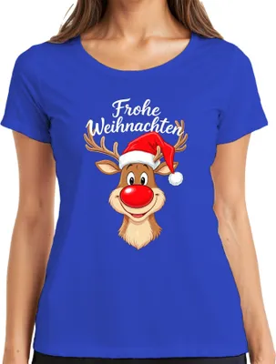 Produktbild von Frohe Weihnachten Rudolph rote Nase Weihnachtsmütze Kinder Lustig Damen T-Shirt, Blau, 3XL