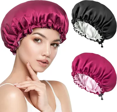Produktbild von Satin Schlafhaube 2 Stück, Weich und Atmungsaktiv, Schwarz und Rot, für Haarpflege