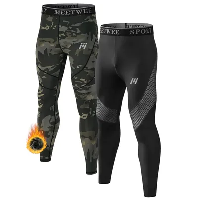 Produktbild von Lange Unterhose Herren 2er Innenfleece Thermo-Unterhose Männer Skiunterwäsche Thermounterwäsche Funktionsunterwäsche -Schwarz + Schwarz Tarnmuster-XXL