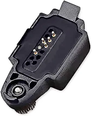 A close-up, isolated shot of a black audio adapter for a walkie-talkie.