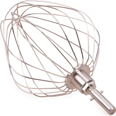 A silver wire whisk for a stand mixer against a white background.