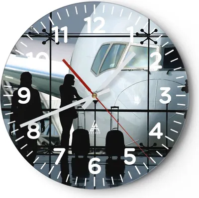 Produktbild von Wanduhr - Rund - Glasuhr - Flugzeug Flughafen Passagiere - 30x30cm - Schleichendes Uhrwerk - Lautlos - zum Aufhängen bereit - Dekoration Modern - Wanddekoration aus Glas - C4AR30x30-0130