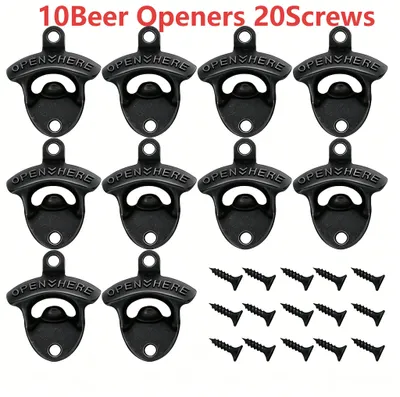 Produktbild von Wandflaschenöffner - Retro-Bieröffner-Set - 10-teilig - Metall - Inkl. Befestigungsschrauben - Schwarz