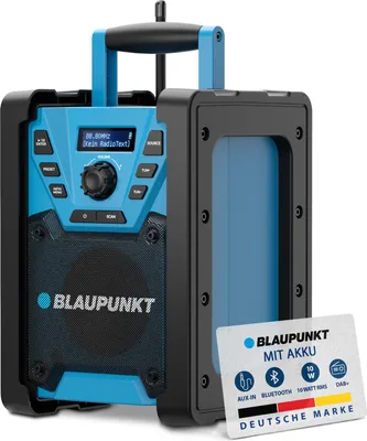 A Blaupunkt portable radio with a blue and black design, shown from a slightly angled front view, with a white background and a small information card in the foreground.
