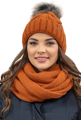 Produktbild von Vivisence damen bommelmütze und schal set warm kopfbedeckung und halsbedeckung an winter und herbst warm dick, wintermütze mit bommel, winterset für frauen, hergestellt in der eu, orange, einheitsgröß