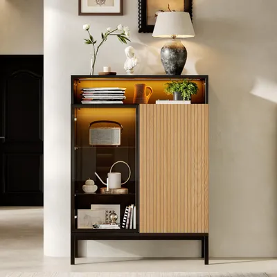 Image de Vitrine éclairée par LED, avec porte en verre trempé, étagères en verre, meuble d'exposition, meuble de rangement pour salon, salle à manger ou couloir, couleur noire et marron