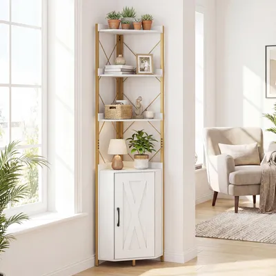 A corner shelf unit with a cabinet at the bottom, placed in a room corner next to a window.