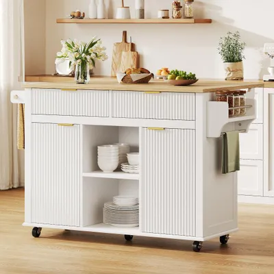 Image de Îlot de cuisine mobile avec plateau de travail rabattable, 2 tiroirs, 2 portes, étagère à épices et porte-serviettes, en MDF, dimensions : 143 x 45 x 89,5 cm, couleur : blanc