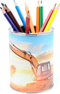 Produktbild von Stiftebecher Bagger inkl. 12 Dreikant Buntstiften Kinder Stifteköcher Stiftehalter Schreibtisch Organizer Junge