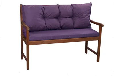 A wooden bench with purple cushions, photographed against a white background.