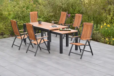 Produktbild von Merxx Gartenmöbel Set  Athos 7tlg., 6 Klappsessel, Flex Ausziehtisch 180 (180) x 100 (83) x 80 (74) cm- Aluminium/Akazie