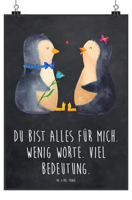 Produktbild von Mr. & Mrs. Panda Bild Pinguin Pärchen DIN A3 - Kreidetafel - Geschenk, drucke, Plakat, Hochzeitstag, Kunstdruck, Liebe, Deko, Verliebt, Wandbild