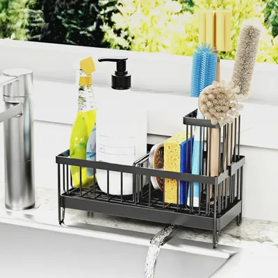 Produktbild von Spülbecken Organizer, Spüle Küchen Organizer Edelstahl Mit Selbstentleerender Ablaufwanne for Schwammhalter, Handtuchhalter, Spültuchhalter, Organizer für Küche und Badezimmer, Schwarz (Schwarz-2)