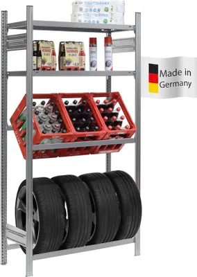 Produktbild von PROREGAL Getränkekisten- & Reifenregal CHIEMSEE TIRE  Germany | HxBxT 200x106x43,5cm | 3 Kisten  auf 1 Ebene + 4 Reifen & 2 Boards | Verzinkt