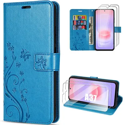 Image de Coque + 2 Verres Trempés pour Samsung Galaxy A37 5G, Antichoc Anti-Rayure CuirPolyuréthaneBleu Motif Plante