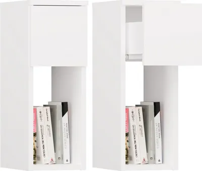 Two white modular shelves, one with a closed drawer and the other with an open drawer, each displaying books on the lower shelf.