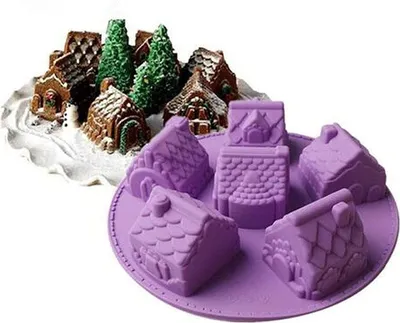 Produktbild von GKA XL Silikon Muffinbackform Dorf mit 6 Häusern Silikonbackform 26 cm Fondantform Backform Muffin Silikonform Kinder Haus