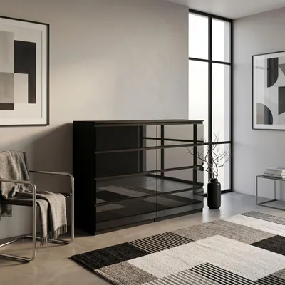 Produktbild von Masseno Kommode NUDO 138,5 cm Sideboard mit 8 Schubladen und Türen für Wohnzimmer Schlafzimmer Modern 138,5x39x101,5 cm Schwarz / Schwarz